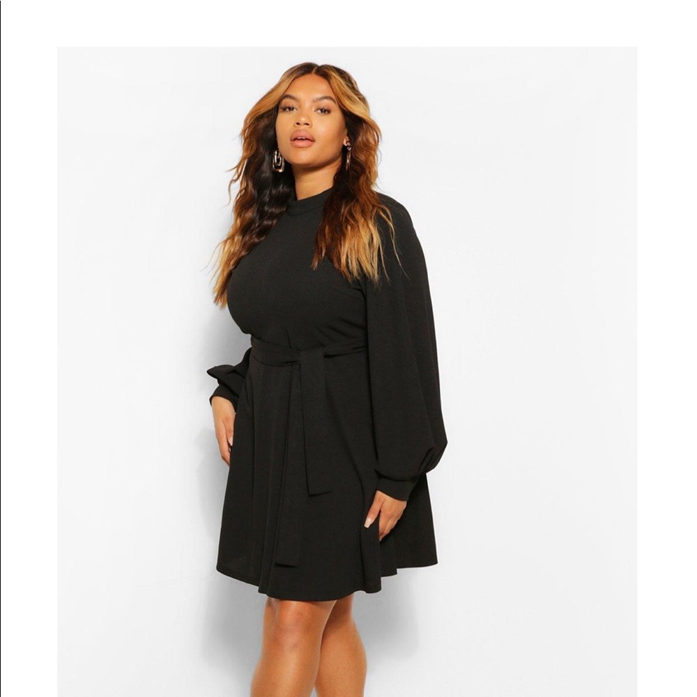 Plus High Neck Blouson Sleeve Skater Dress